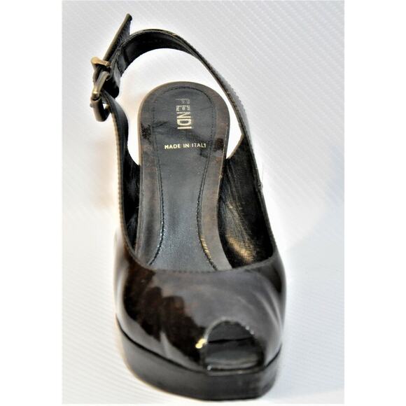 Fendi Italy Vernice Radica Peep Toe Platform Sandal Heel Tabacco Brown 37.5/7 - Picture 5 of 11